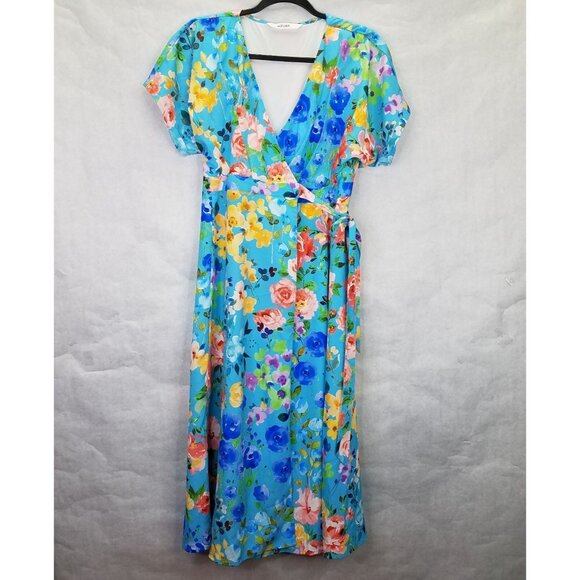 Eshakti Wrap Dress Midi S Dolman Sleeve Blue Floral Print Crepe Lined Tie Waist - Picture 2 of 16